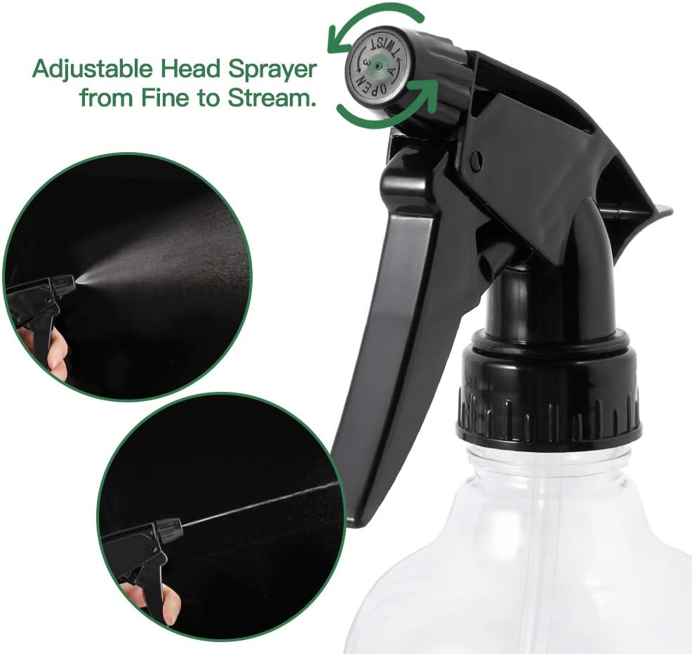 CycleMore 6 Pack 8.5oz Empty Clear Plastic Spray Bottles, Black Adjustable Trigger Sprayer with Mist& Stream Modes for Planting, Cleaning and Haircutting(6pcs Labels and 1pcs Brush Included)