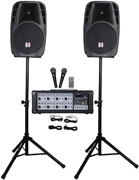 Rockville RPG2X12 Bundle 2 12-inch 1400W Passive DJ PA Speakers with Stands and Microphones, 8 Channel 1400W Powered Mixer with Bluetooth for Church Sound Systems, 2-Items