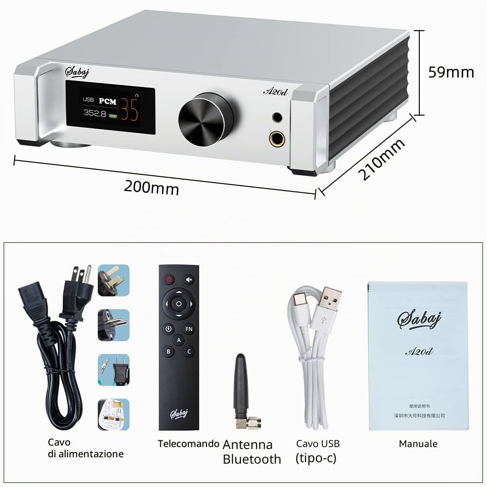 Sabaj A20d 2022 Version ES9038PRO - Amplificatore per cuffie XMOS XU216, DAC audio bilanciato ad alta risoluzione XLR fino a 4,0 Vrms, supporto LDAC apt-x HD DSD512 MQA USB/Ottico/Coassiale/Bluetooth