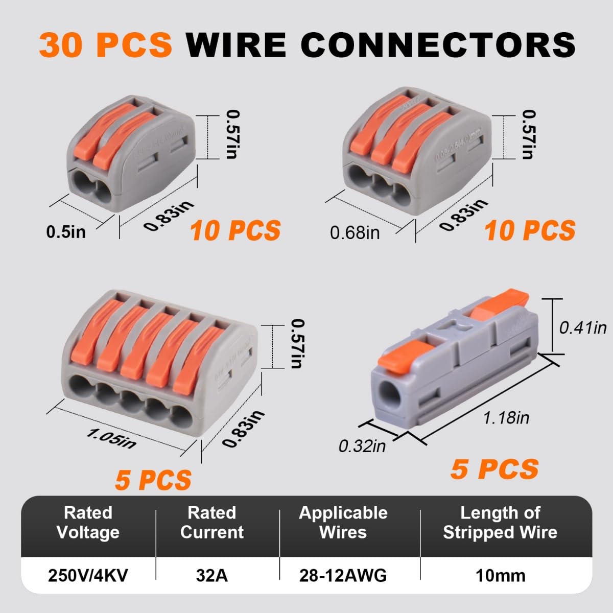 30 conectores de cable de palanca, conectores de empalme de cable rápido, kit de combinación de conductores 2/3/5 con terminales en línea 1 en 1, 28-12 AWG