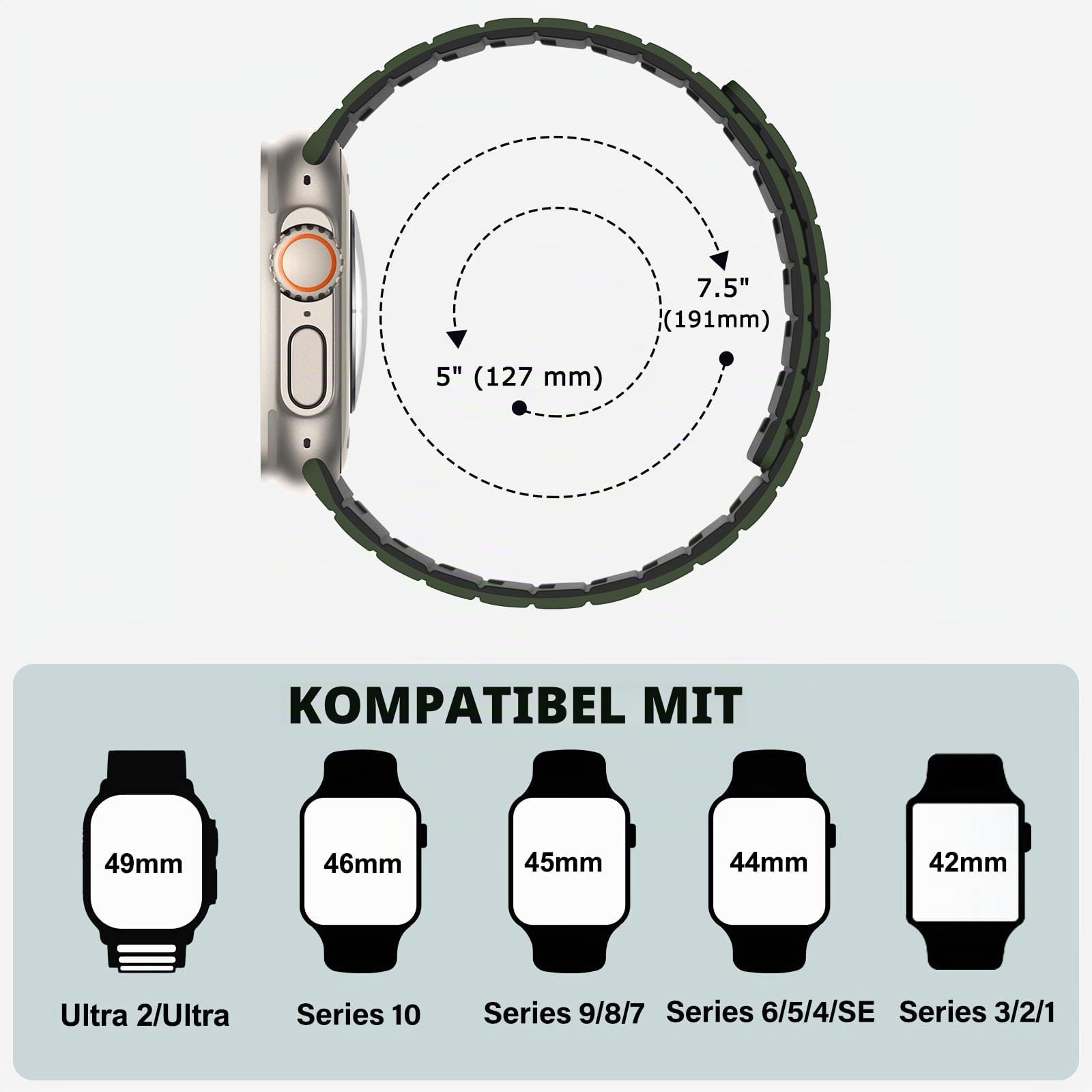 Bisikor Kompatibel mit Apple Watch Armband 49/46/45/44/42/41/40/38mm Silikon Starker Magnet Sport Ersatzband für iWatch Ultra2 SE Serie 10 9 8 7 6 5 4 3 (42/44/45/46/49, Armeegrün/Schwarz)