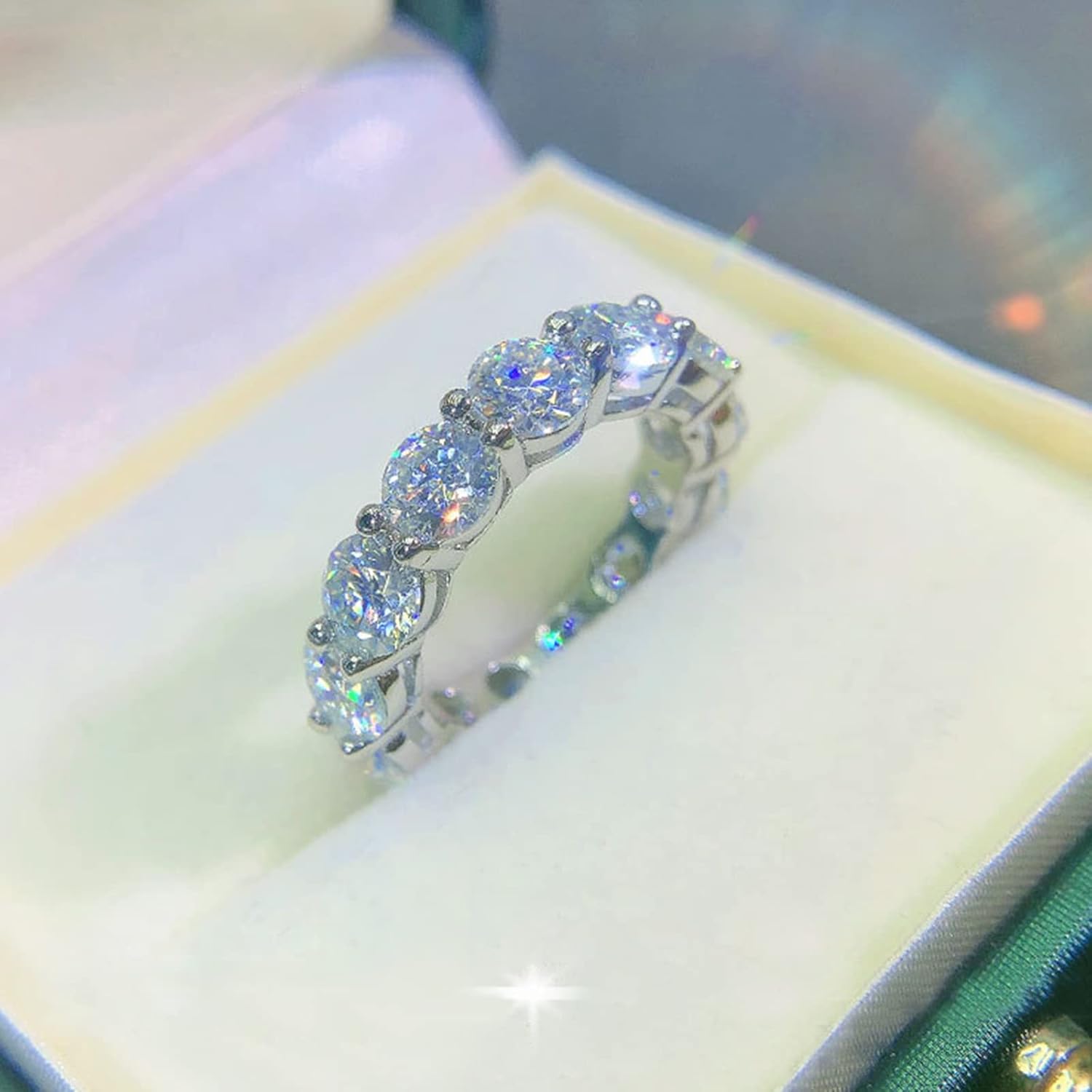 AINUOSHI Eternity Moissanite Ring, 925 Sterling Silver Round Cut Wedding Anniversary Band for Women Stackable Rings, Size 4-9