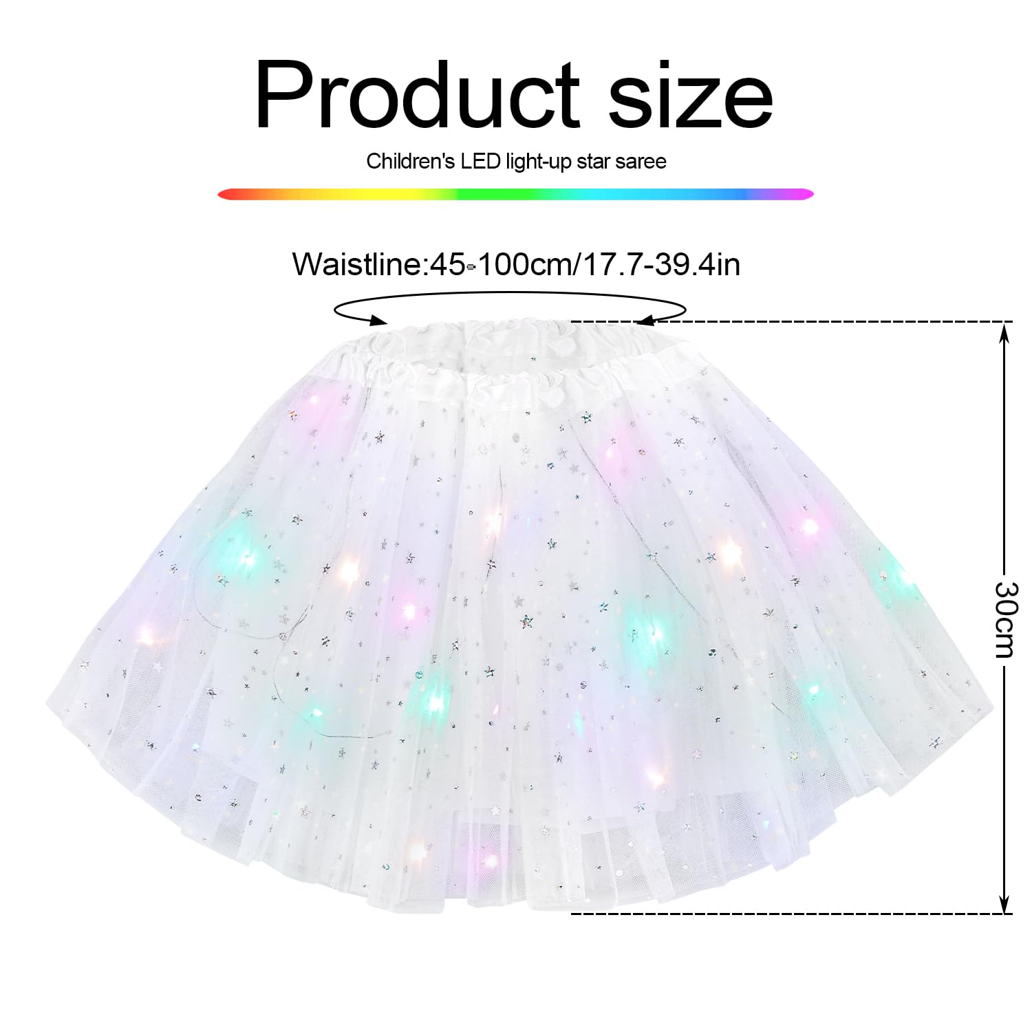 Wishstar Spódnica tiulowa dla dziewcząt, gwiazdy cekiny sukienka do tańca, 30 cm elastyczna mini spódnica z diodami LED, dla dziewczynek spódniczka baletowa na karnawał Halloween, sukienka baletowa