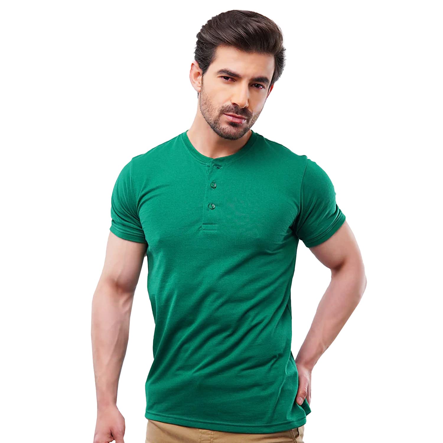 MENDEEZMens Henley Half Sleeve T Shirts Made of Premium Stretch Cotton, Tshirt for Men Slim Fit Muscle Short Sleeve T Shirt Men's Shirts