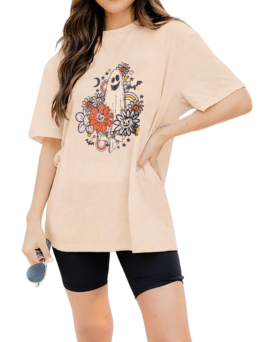 MODNTOGAHalloween Oversized T-Shirt Women Ghost Graphic Tops Vintage Sunflower Pumpkin Tee Shirt Short Sleeve Spooky Outfit