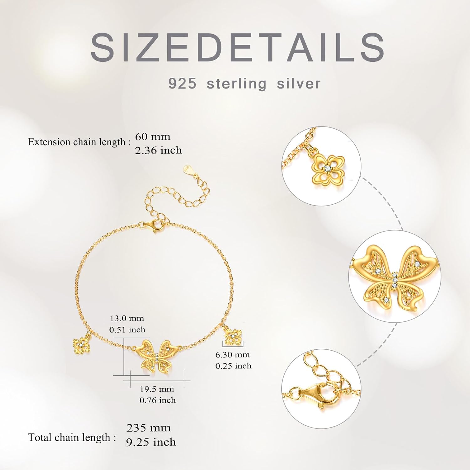 Natural Diamond Four-Leaf Clover Bracelet for Women, 925 Sterling Silver Plated with 18k Gold Four-Leaf Clover Pendant Bracelet, Lucky Jewelry Anniversary Birthday Gift for Wife Mother 7+2"