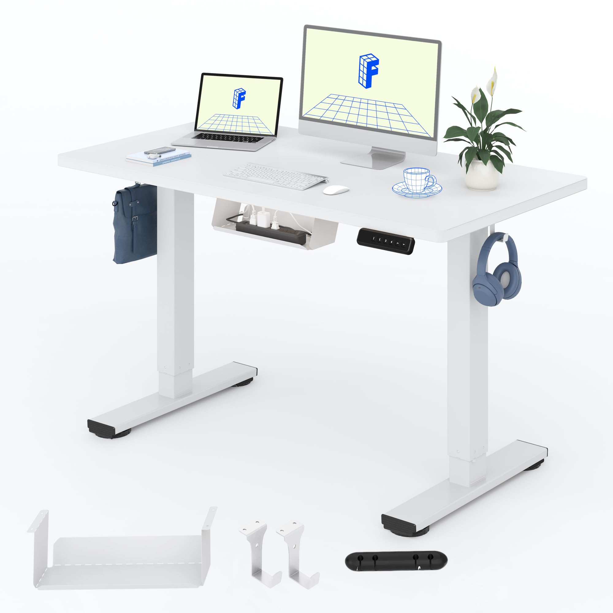 FLEXISPOT Scrivania Regolabile in Altezza 120x60 cm, Piano Unico FSC, 4 Memorie, Anticollisione con Ritorno Automatico, 2 Ganci, Portaoggetti e Gestione Cavi