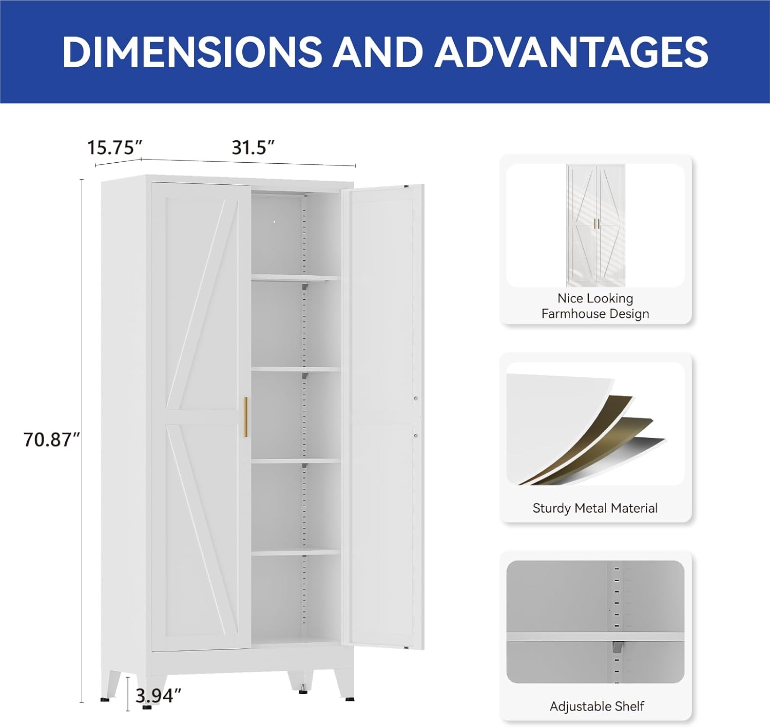 COFaR 71 in Tall Kitchen Pantry Cabinet, Metal Pantry Storage Cabinet with 4 Adjustable Shelves and 2 Barn Doors, White Freestanding Farmhouse Food Cupboard for Dining Room Living Room
