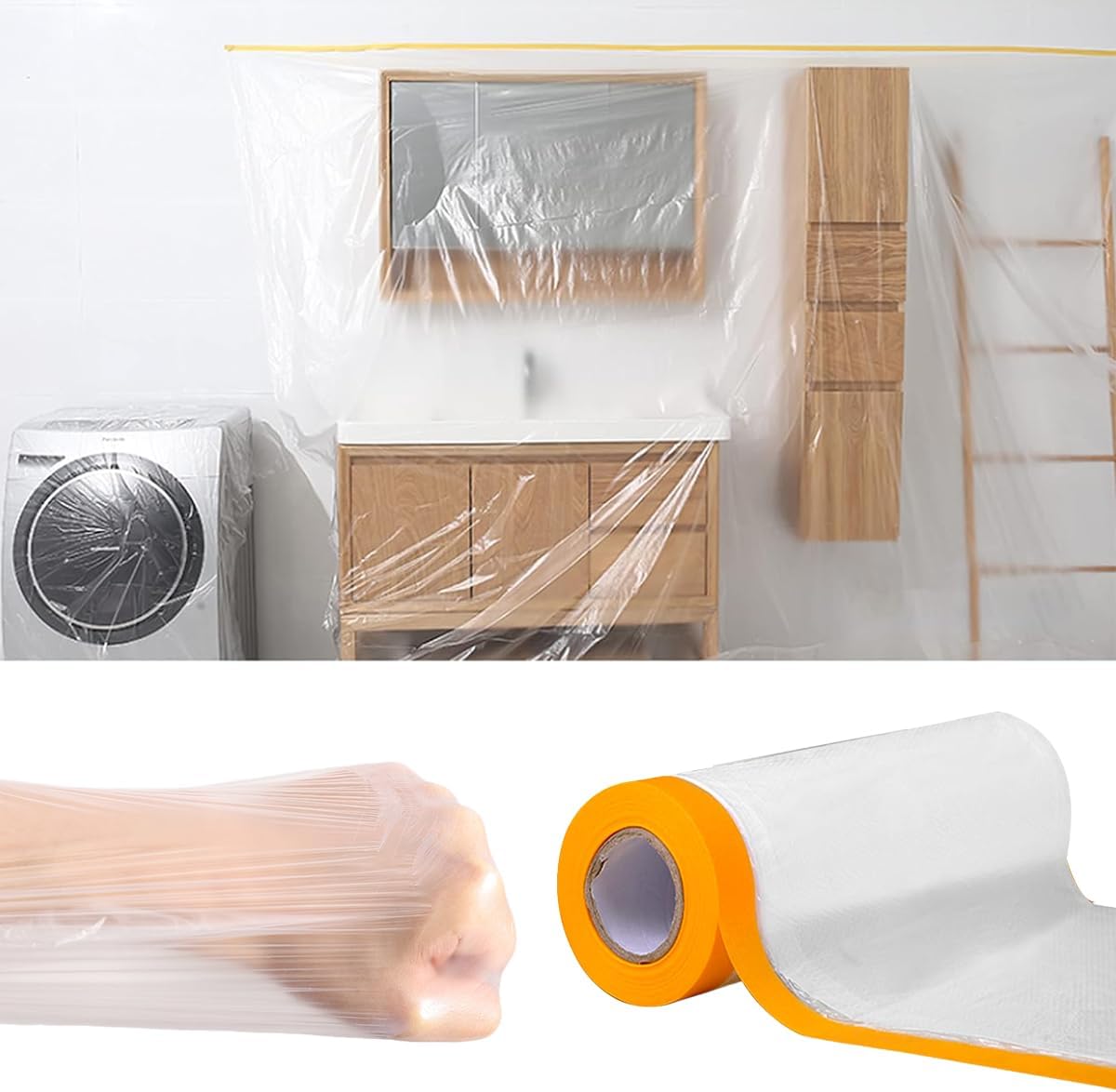 Aowin Masking Film,Pre-Taped and Plastic Drape,Adhesive Waterproof Dust-Proof Protective Plastic Painting Drop Film, Prevent Dust Paint Cover for Car,Furniture,Carpet,Floor,Bed,Wall (3M x 20M)