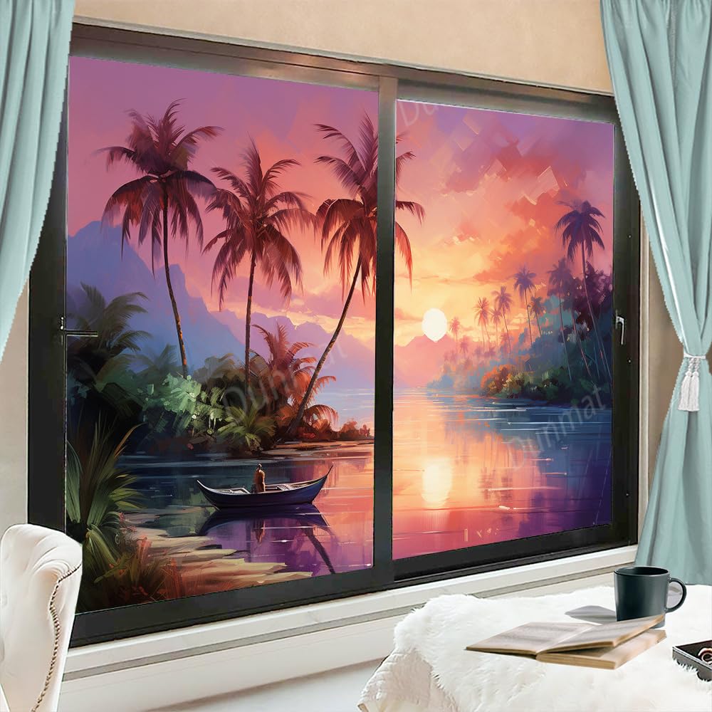 Rustic Beautiful Ocean Window Privacy Film Modern Coastal Palm Fantasy Sunset Stained Glass Window Film Decor Frosted Windows Sticker for Home Window&