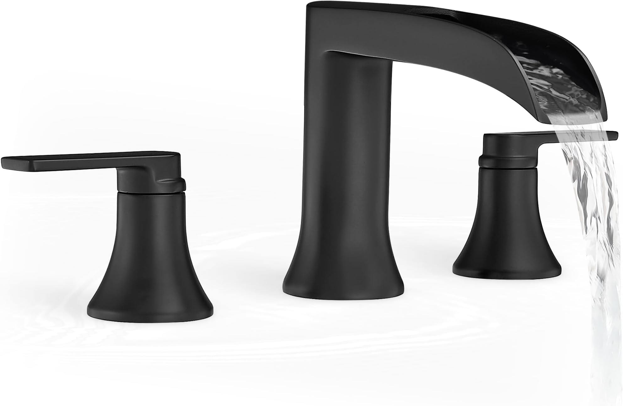 Solid Brass Waterfall Bathtub Faucets Set, 3 Hole Matte Black Tub Faucet 2 Handle, High Flow Roman Tub Faucets Widespread 6-16 Inch Deck Mount