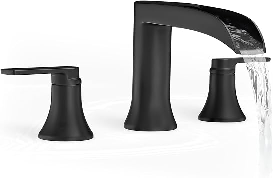 Solid Brass Waterfall Bathtub Faucets Set, 3 Hole Matte Black Tub Faucet 2 Handle, High Flow Roman Tub Faucets Widespread 6-16 Inch Deck Mount
