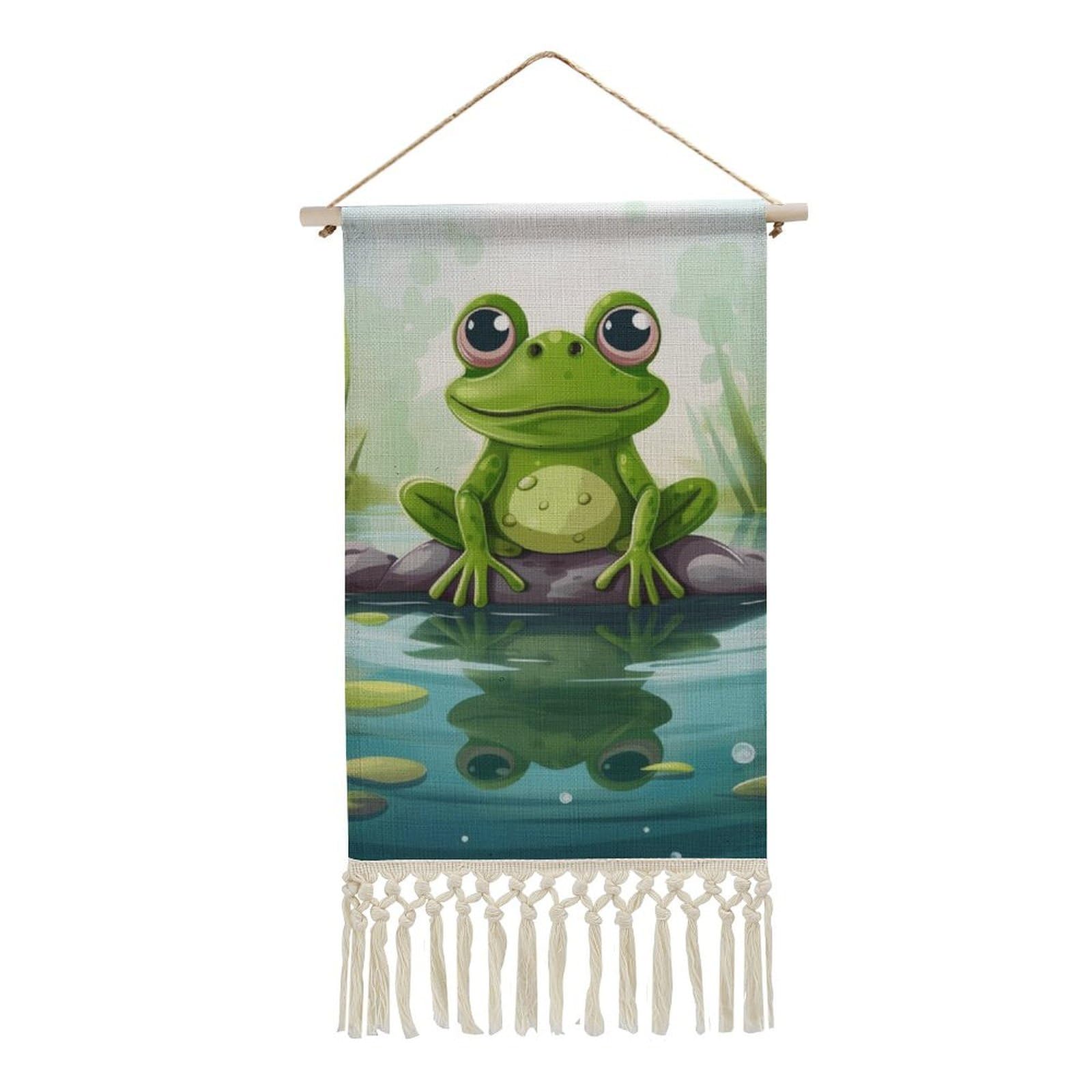 BTCOWZRV Cotton And Linen Hanging Poster with Tassels, Frog In A Pond Wall Hanging Tapestry Vintage Wall Art Painting Modern Artwork Decoration for Home Decor Ready to Hang 10x19.6 in