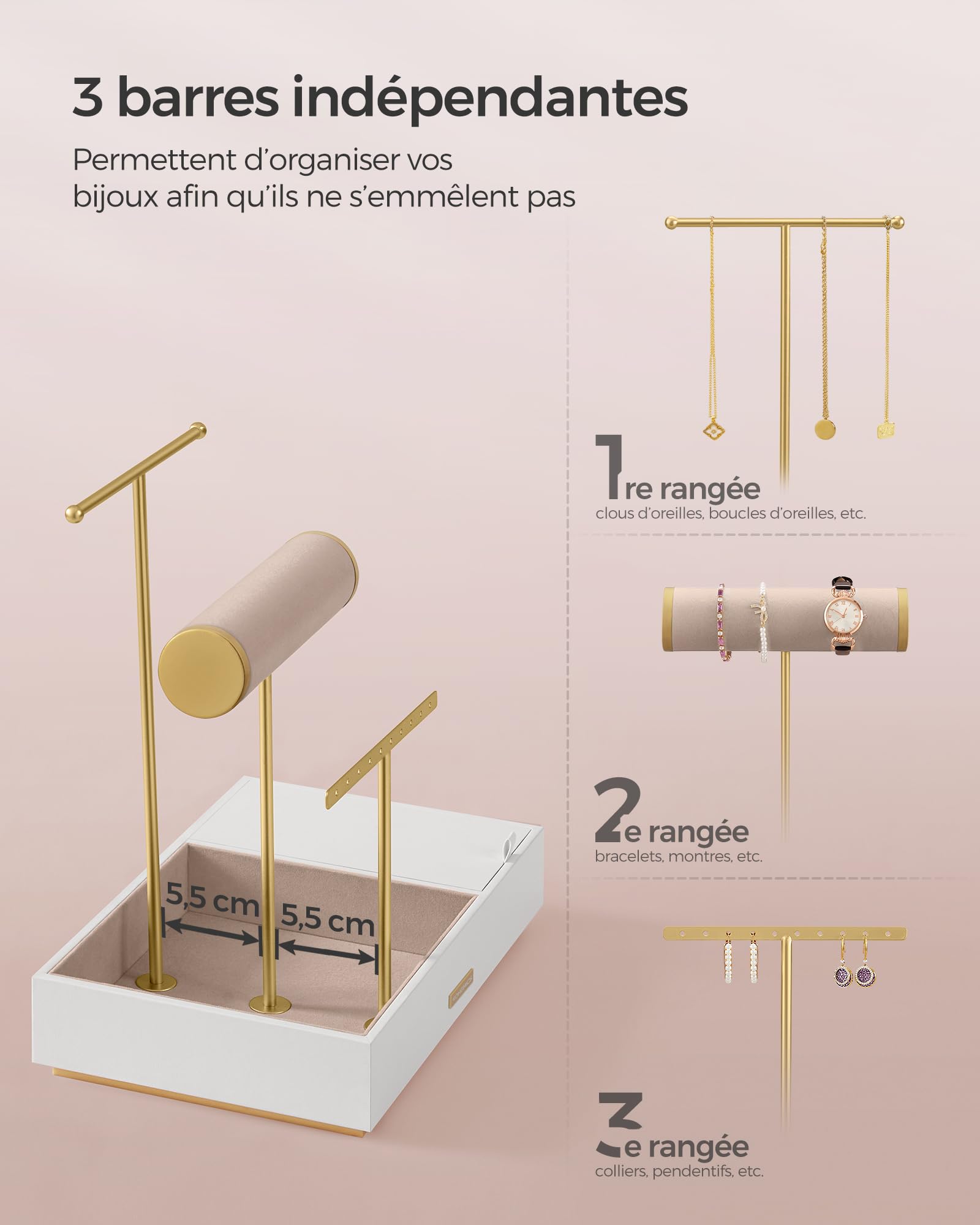 SONGMICS Porte-bijoux, Organisateur de Bijoux, Support Accessoires, en Métal et Bois, pour Colliers, Bracelets, Boucles d'oreilles, Bagues, Blanc et Doré JJS022W01