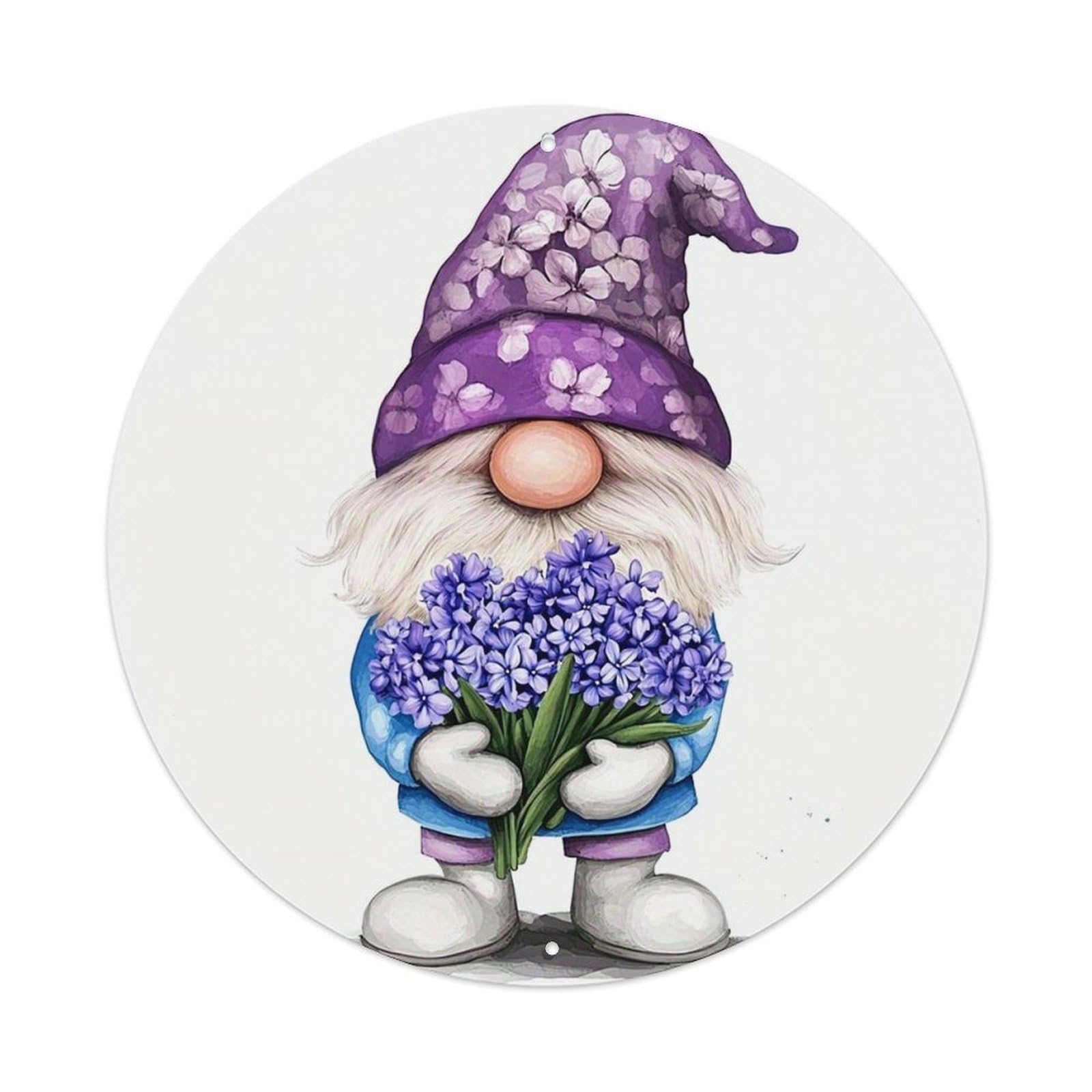 Purple Floral Hat Gnome Holding Flowers Vintage Round Tin Sign Retro Metal Wall Decor Metal Poster, Home Bar Garage Cafe Wall Art Decoration 8x8Inches
