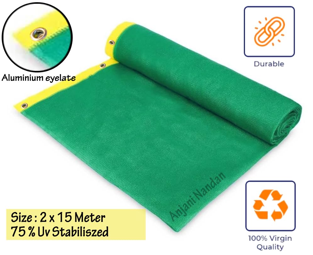 Krrooraa 75% Uv & Sun Stabilized Agro Green House Net with Aluminium eyelate | Green Net for Garden Shade | Green Garden Net | Green net for Garden House | Pack of 1 | 2 x 15 Meter |