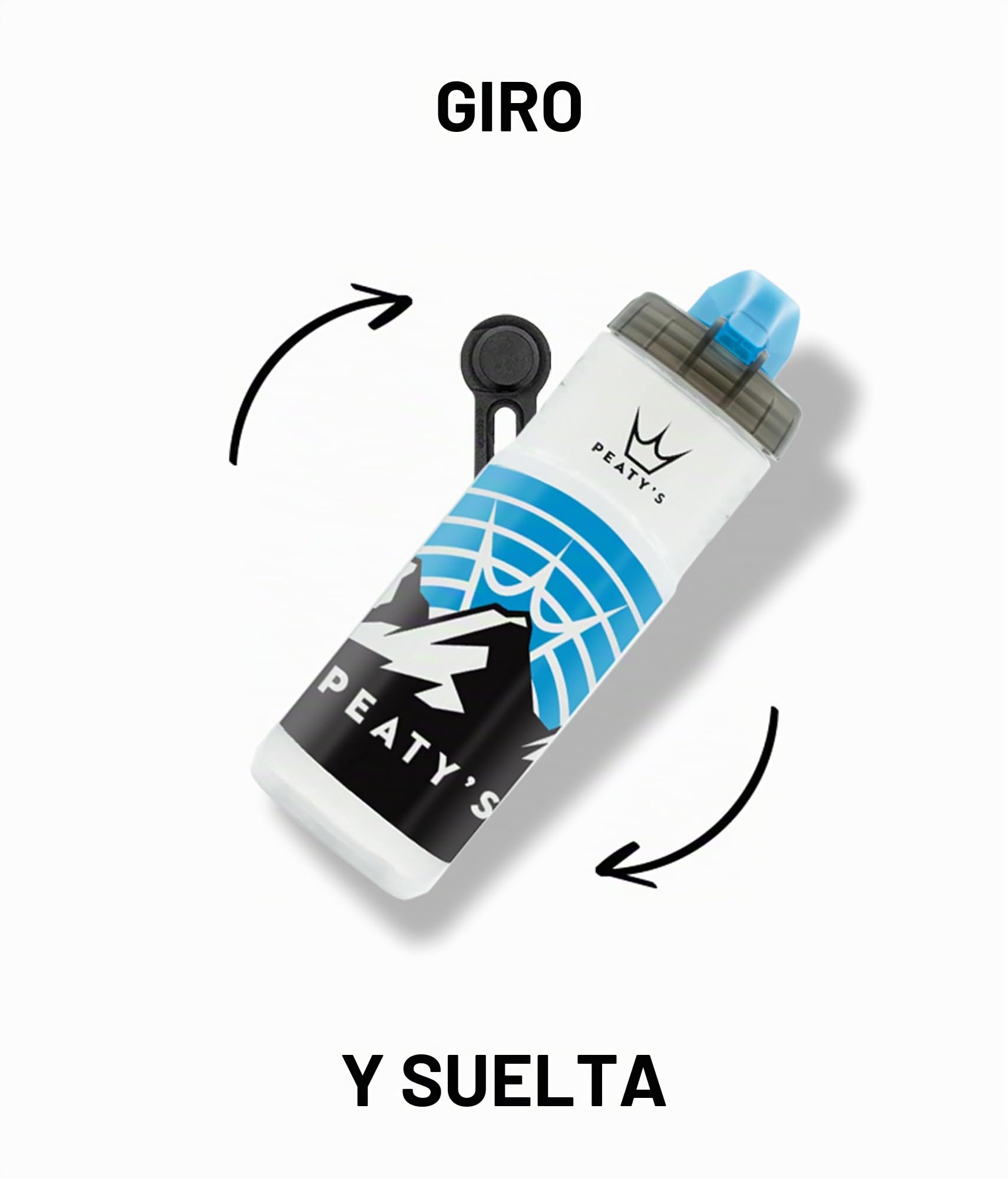 Peaty's X Fidlock Lockin Botella de Agua Magnética para Bicicleta Pequeña con Base de Fijación - Sistema de Giro y Liberación, Soporte sin Jaula para Ciclismo - 450 ml, Montaña, Transparente