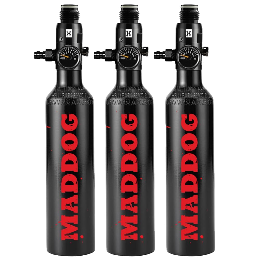 Maddog 13ci/3000psi Aluminum Compressed Air HPA Paintball Tank with Regulator - Hydro Cycle Exempt - Refillable Tank Ships Empty - 3 Pack