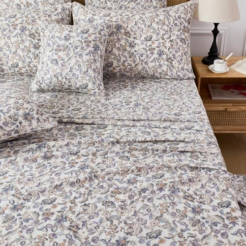 Image of FADFAY Muslin Cotton Full Sheets Set,Breathable Cooling Double Gauze Bed Sheets for Dorm, Soft Paisley Floral Bedding for Kids Teens Students, Lightweight Cotton Sheets