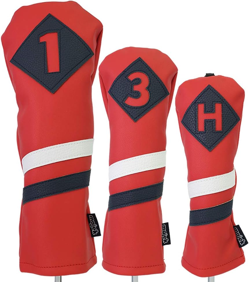 Majek Retro Golf Headcovers Red with White and Blue Stripe Vintage Leather Style 1 3 H Driver Fairway Wood and Hybrid Head Cover Classic Look