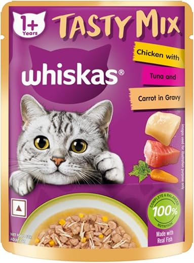 Whiskas Tasty Mix Adult (1+ Year) Wet Cat Food, Chicken with Tuna and Carrot in Gravy, 70 g, Cat Food Made with Real Fish,...