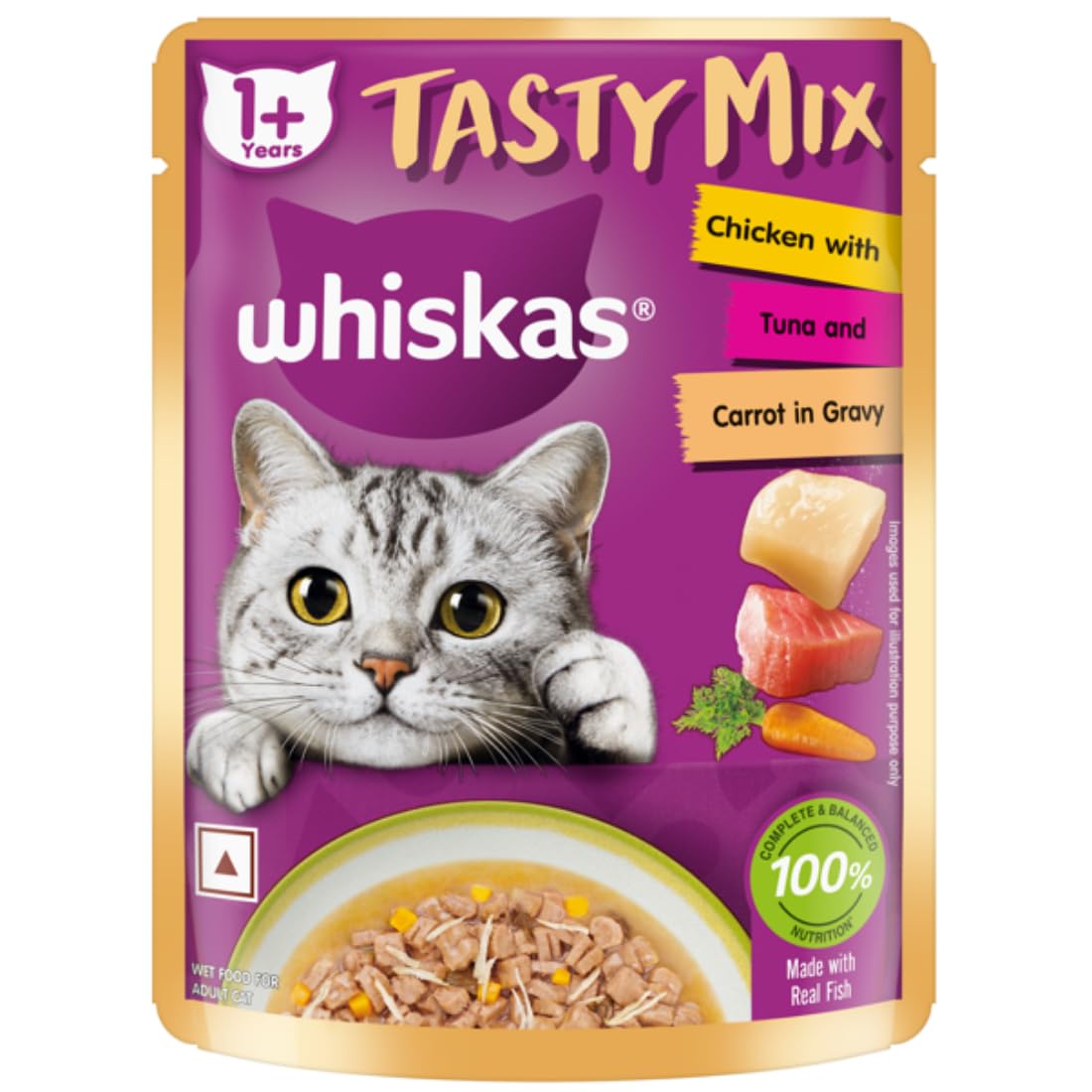 Whiskas Tasty Mix Adult (1+ Year) Wet Cat Food, Chicken with Tuna and Carrot in Gravy, 70 g, Cat Food Made with Real Fish,...