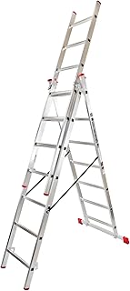 3x7 Mehrzweckleiter, Vielzweckleiter, 3x7 Sprossen, 3-teilige Alu-Kombileiter, bis 150 kg belastbar, max. Arbeitshöhe 4,3 m, Klappleiter, Multifunktionsleiter, Stehleiter, Silber/Rot