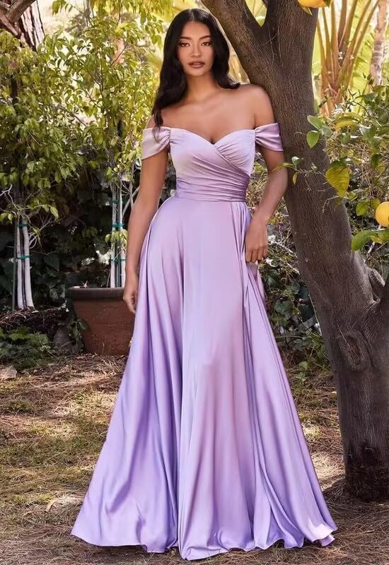 A-line Off The Shoulder Satin Bridesmaid Dress with Slit for Women Long Formal Evening Party Gowns2