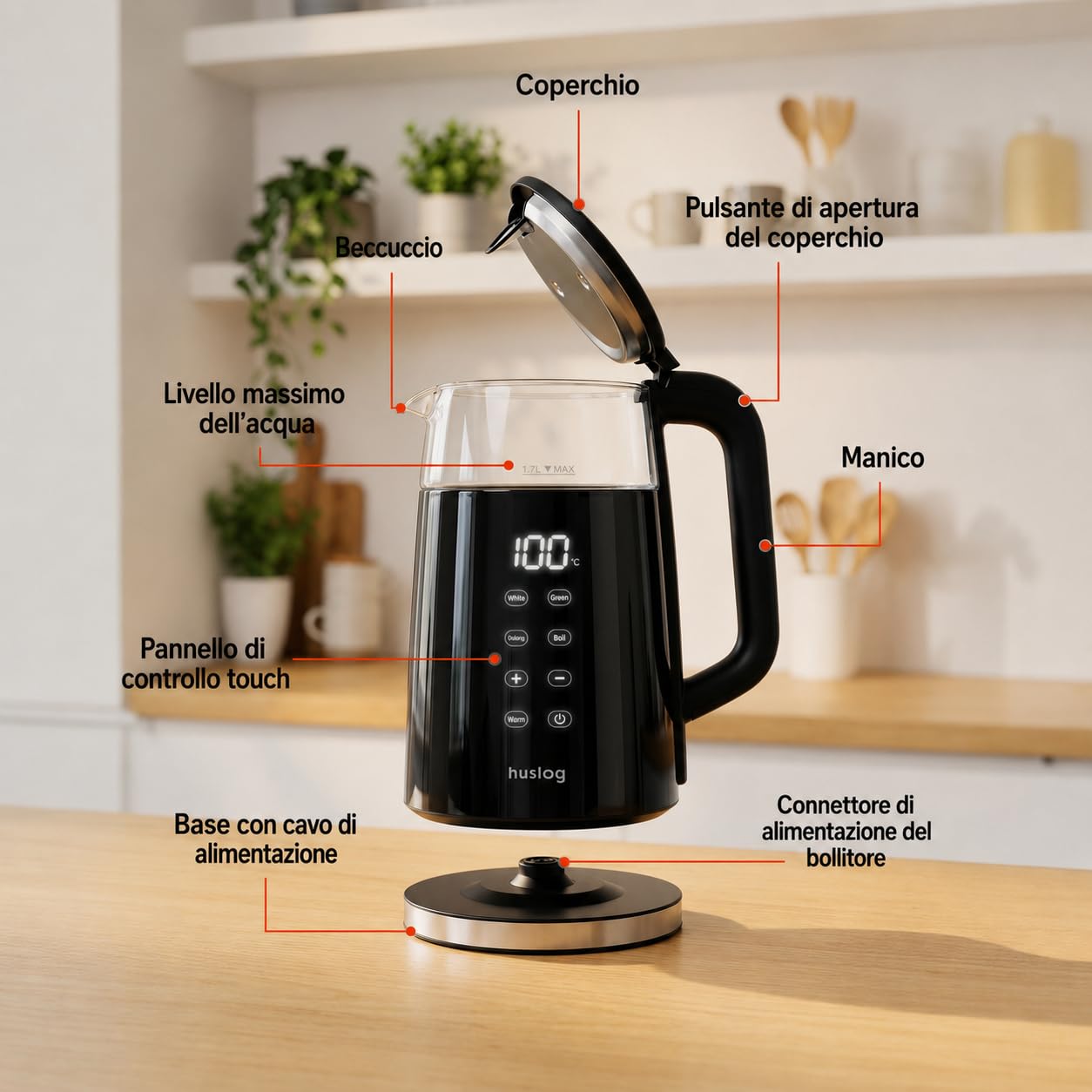 Bollitore Elettrico 1,7 L con Schermo Touch, 2200 W, Acciaio Inox & Vetro, Temperatura Regolabile 40–100 °C, 4 Livelli, Mantenimento Caldo, Filtro Anticalcare, Base Girevole 360°, Nero