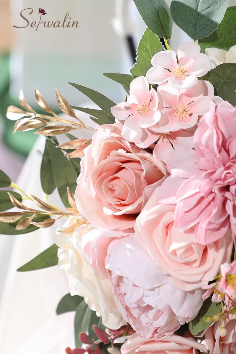 Serwalin 11 Inch Wedding Bouquets for Bride Bridesmaid, Dusty Pink Rose Bridal Bouquets for Bride, Wedding Flowers Bouquet Tossing Bouquet, Wedding Ceremony and Anniversary Decoration - Image 8