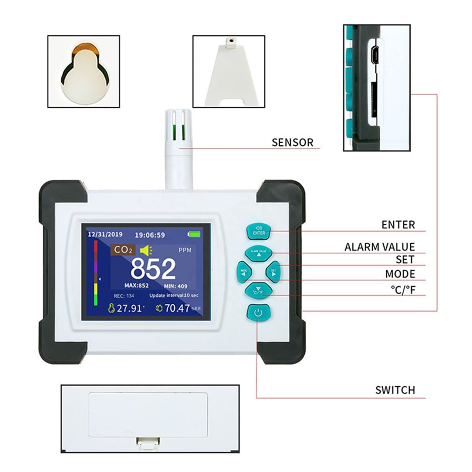 Professionelles Gasanalysator-Wachstumszelt, digitales CO2-Messgerät, Monitor for Gasspeicherdaten, Temperatur- und Luftfeuchtigkeitsmonitor for Zuhause, CO2-Luftqualität(SR-510)