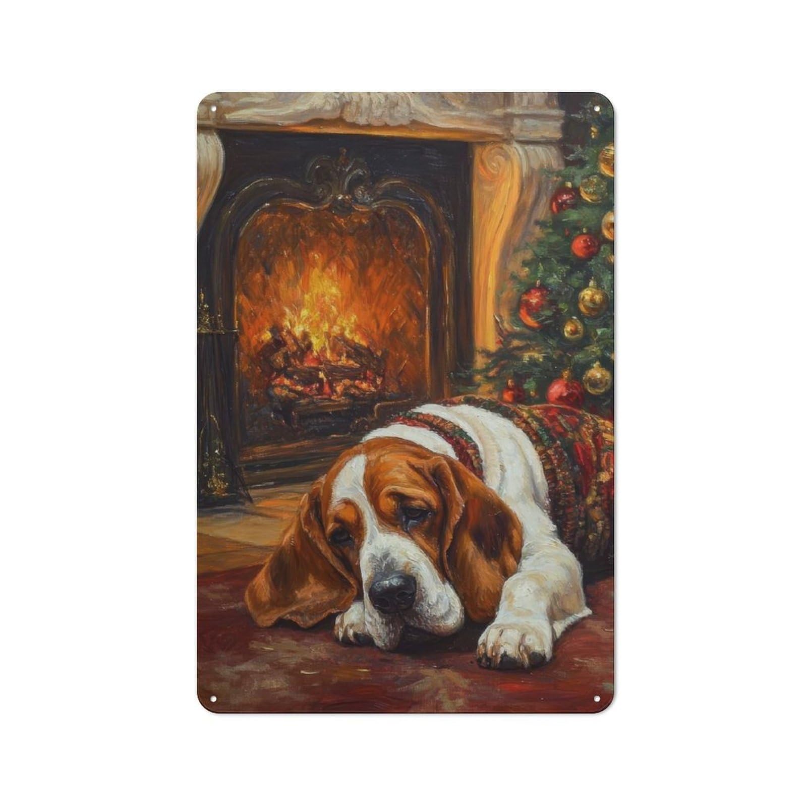 Junmoney Basset Dog Christmas Print Dog By Fireplace At Christmas Printed Metal Sign 30X20cm For Café Or Restaurant, For Hospitality Interior Collectors