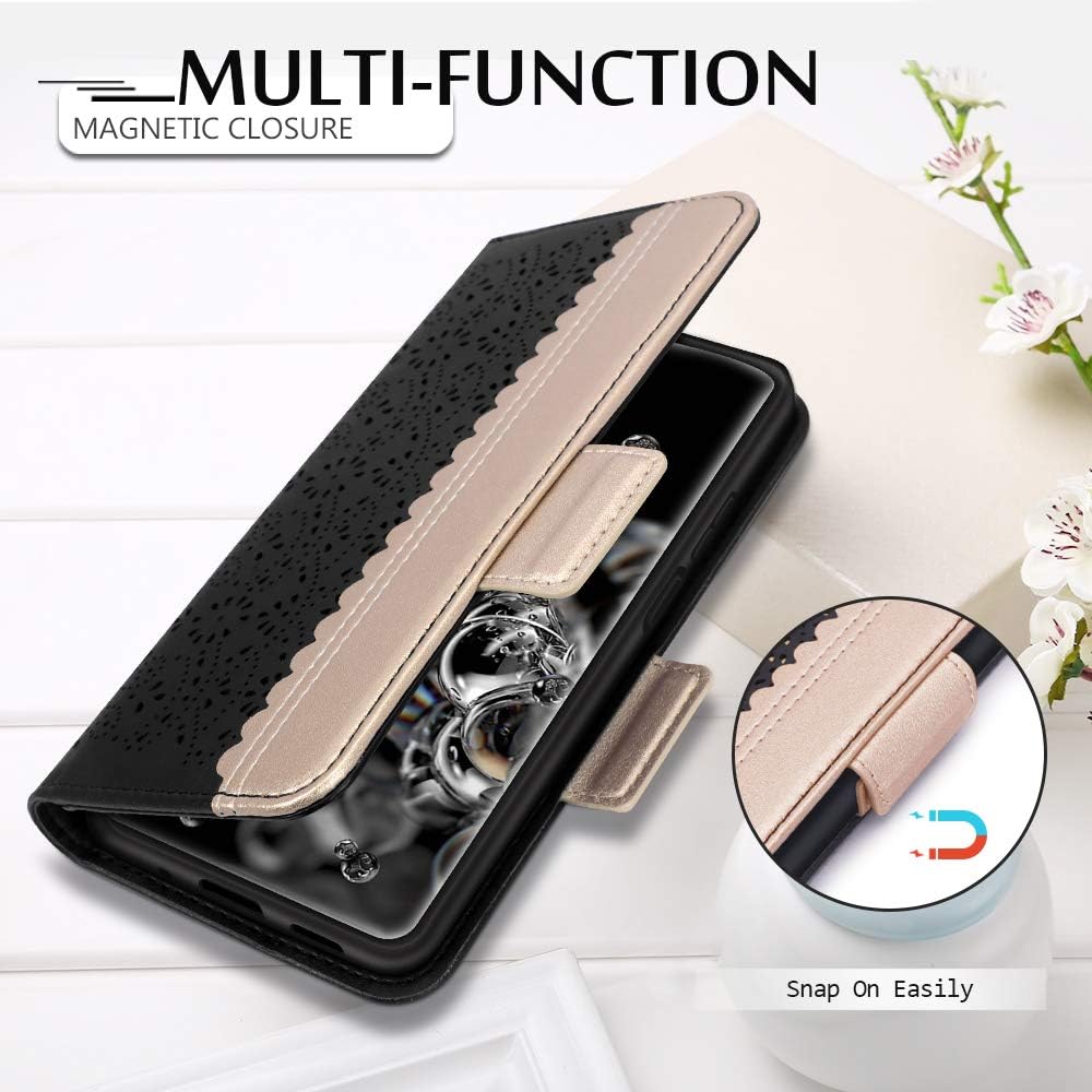 WWW Samsung Galaxy S20 Case 6.2"[Not for S20 FE] ,Galaxy S20 5G Case, [Luxurious Romantic Carved Flower] Leather Wallet Case [Makeup Mirror] [Kickstand Feature] Galaxy S20 Wallet Case (2020) Black