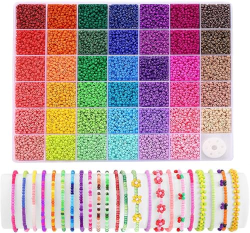 41 Colors Pony Beads BetterJonny 3mm Glass Seed Beads with String Colorful Small Rainbow Bead with Storage Box for DIY Jewelry Bracelet Necklace Craft Making