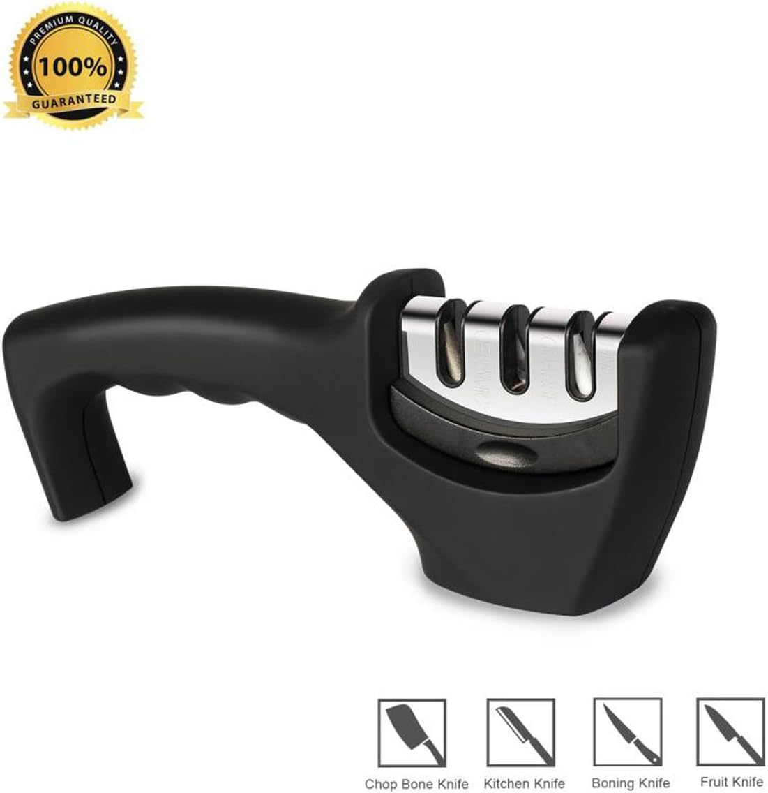 Knife Sharpener - 3-in-1 Manual Kitchen Knife Sharpener for All-Sized Household Knives, 3 Stage Manual System for Professional Results - Ceramic Stone, Tungsten Carbide Plates, Diamond Rod