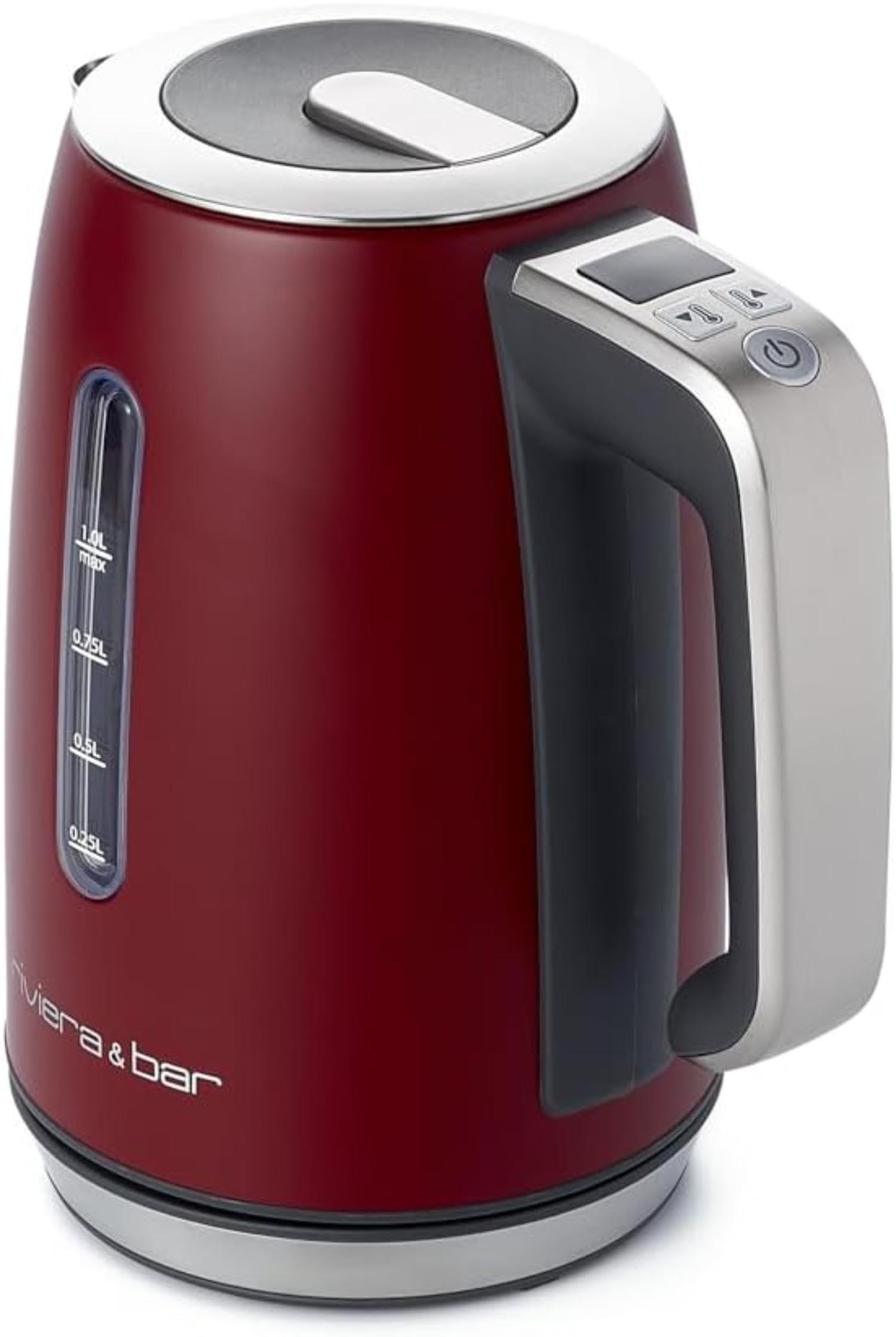 riviera&bar Bouilloire Inox 1L Deep Red - Puissance 2000W - Température Réglable 13 Niveaux - Affichage Digital - Sécurité Surchauffe et Manque d'Eau - Économie d'Énergie - Socle Pivotant 360°
