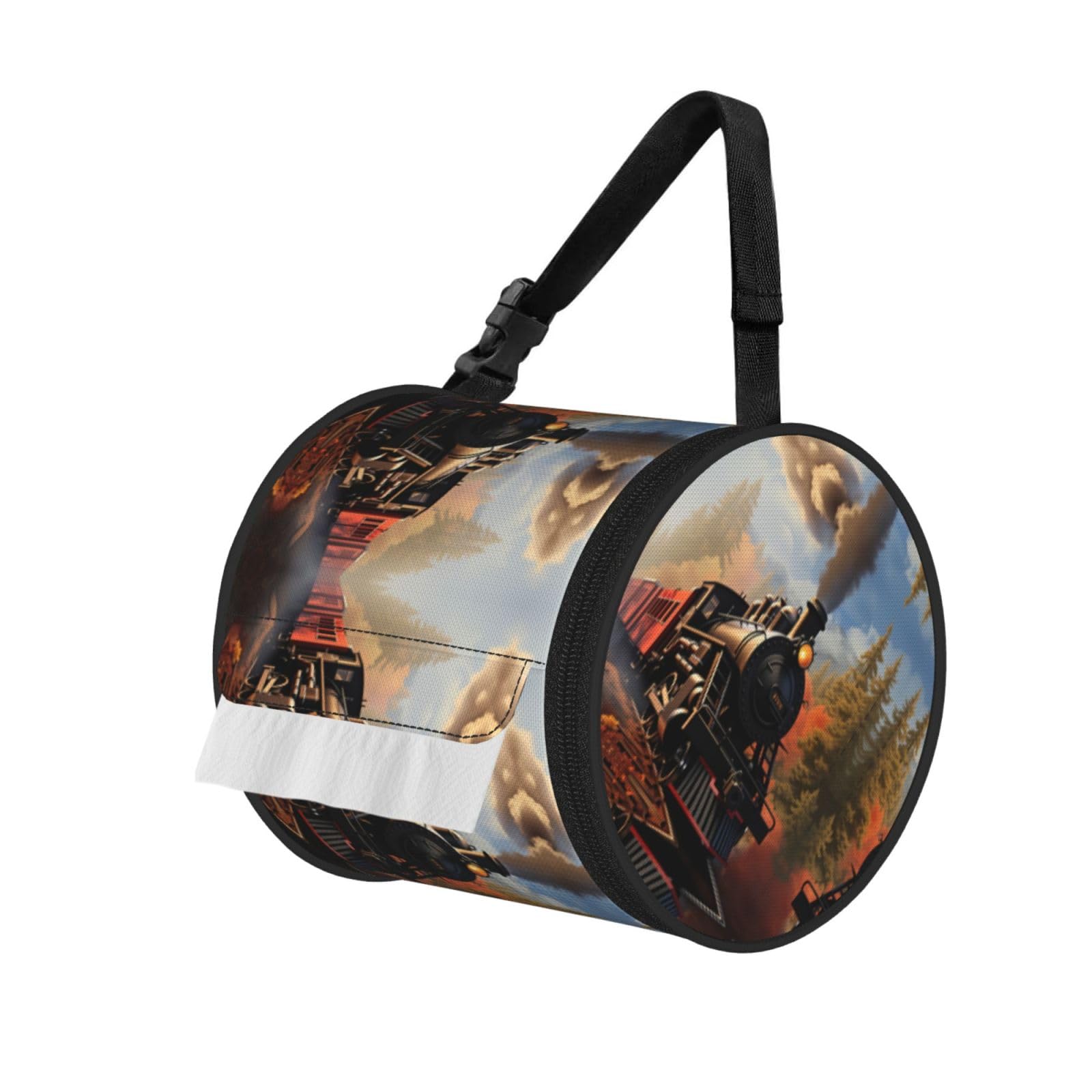 Vintage Locomotive Print Round Tissue Dispenser Bag With Carry Strap, Portable Roll Holder For Car Travel Home