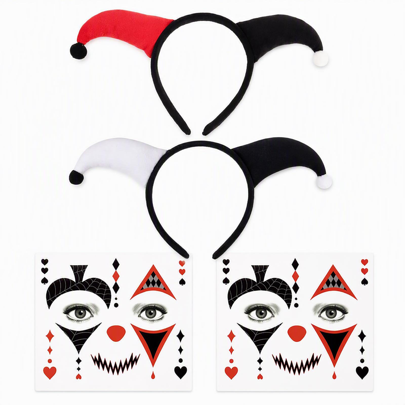 BOFYTR Clown Headband Set, Red Black White Black, Face Stickers Included