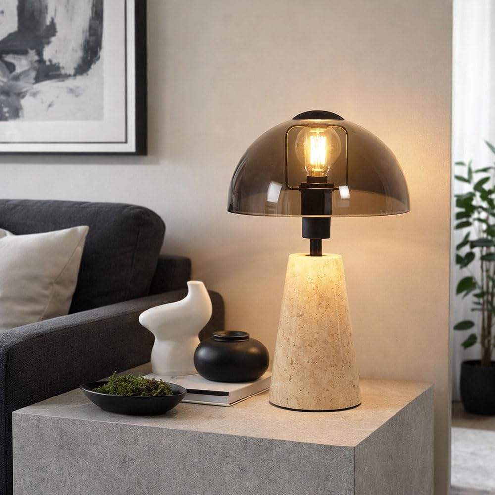 Tischlampe Travertine Stein grau Nachttischlampe Rauchglas Pilz Tischleuchte Wohnzimmerlampe, 1x E14, DxH 20 x 31 cm
