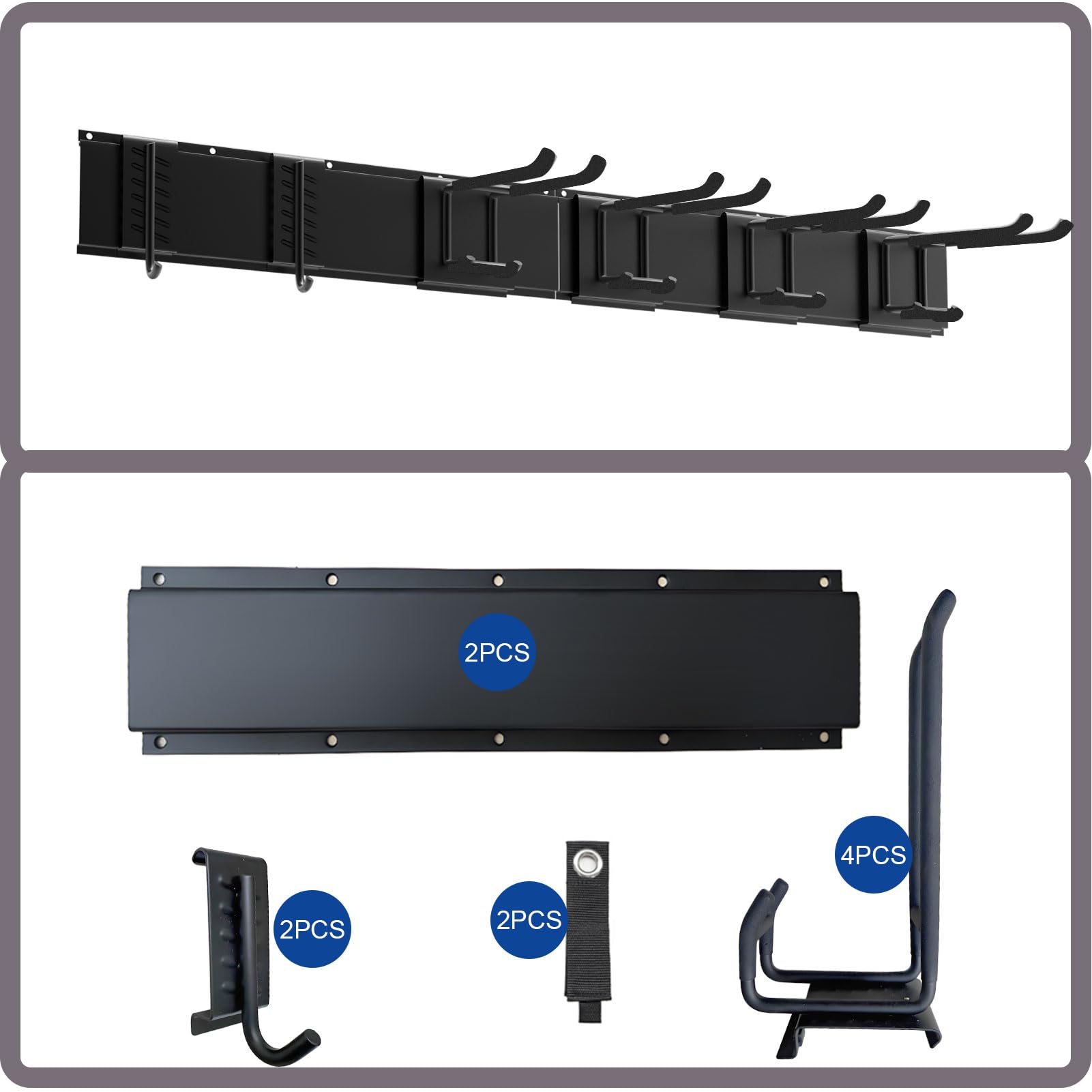 Metall-Gartengerätehalter,Gerätehalter Wandhalterung 150kg，Garagen-Werkzeug-Management-Wandregal mit 2 Halter + 6 Doppelhaken für Gartenwerkzeug in Garage, Garten, Keller (Schwarz)
