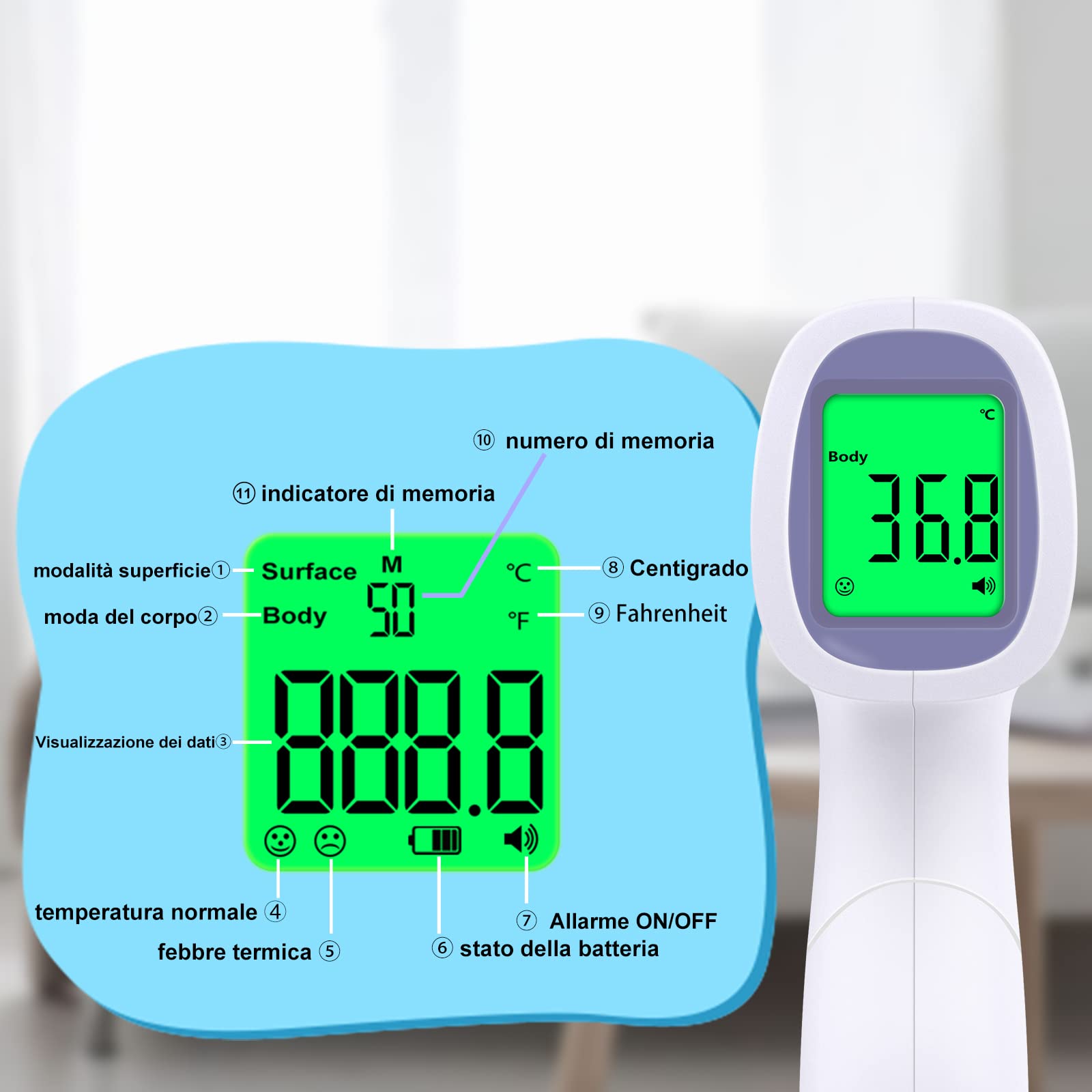 Termometro Febbre, Termometro Infrarossi senza Contatto, Termometro Digitale, Misurazione Rapida e Accurata con Allarme Febbre e Memorizzazione, Adatto per Adulti, Bambini e Neonato - Porpora