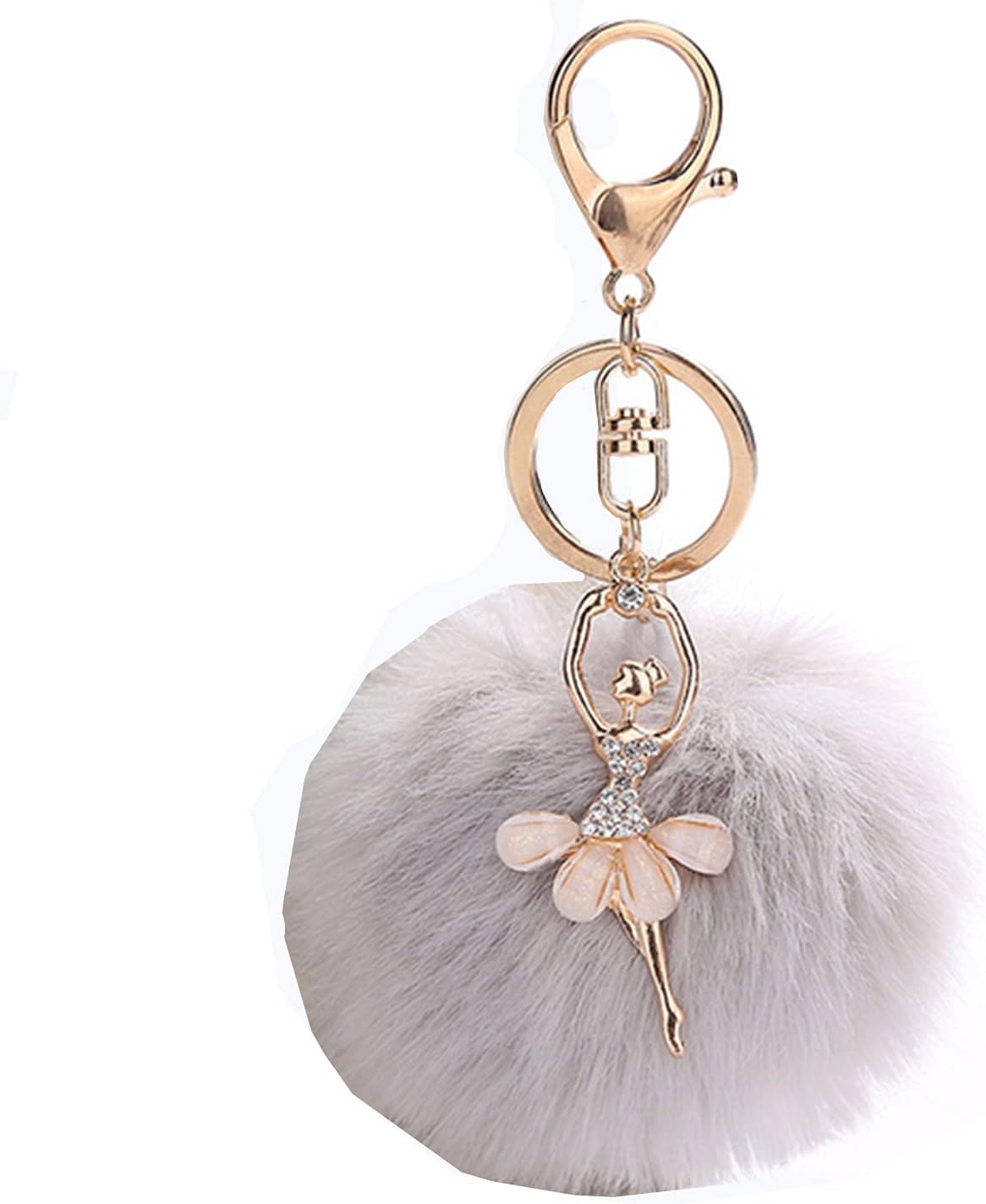 VesipaFly Faux Fox Fur Pom Pom Ball Keychain with Ballet Dancer Charm Fluffy Ball Key Chain