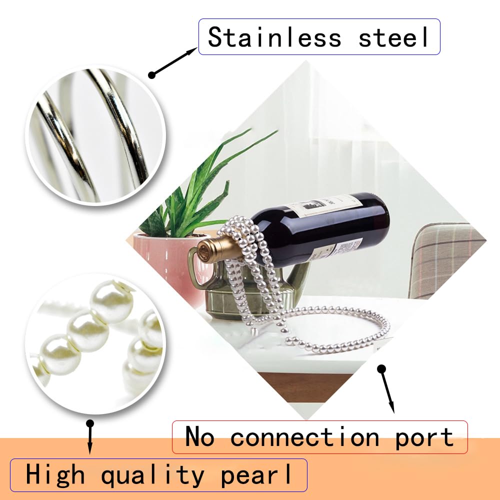 (Blanco) Collar de perlas artificiales flotante estante de vino, soporte de botella de vino de metal, soporte de botella de vino para bar y decoración del hogar 4