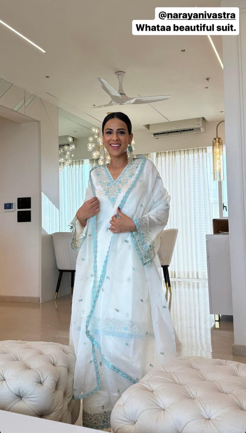 Elegant White Silk Sharara Suit Set with Pink Embroidery, Traditional 3-Piece Kurti Dupatta Ensemble, Ethnic Wear