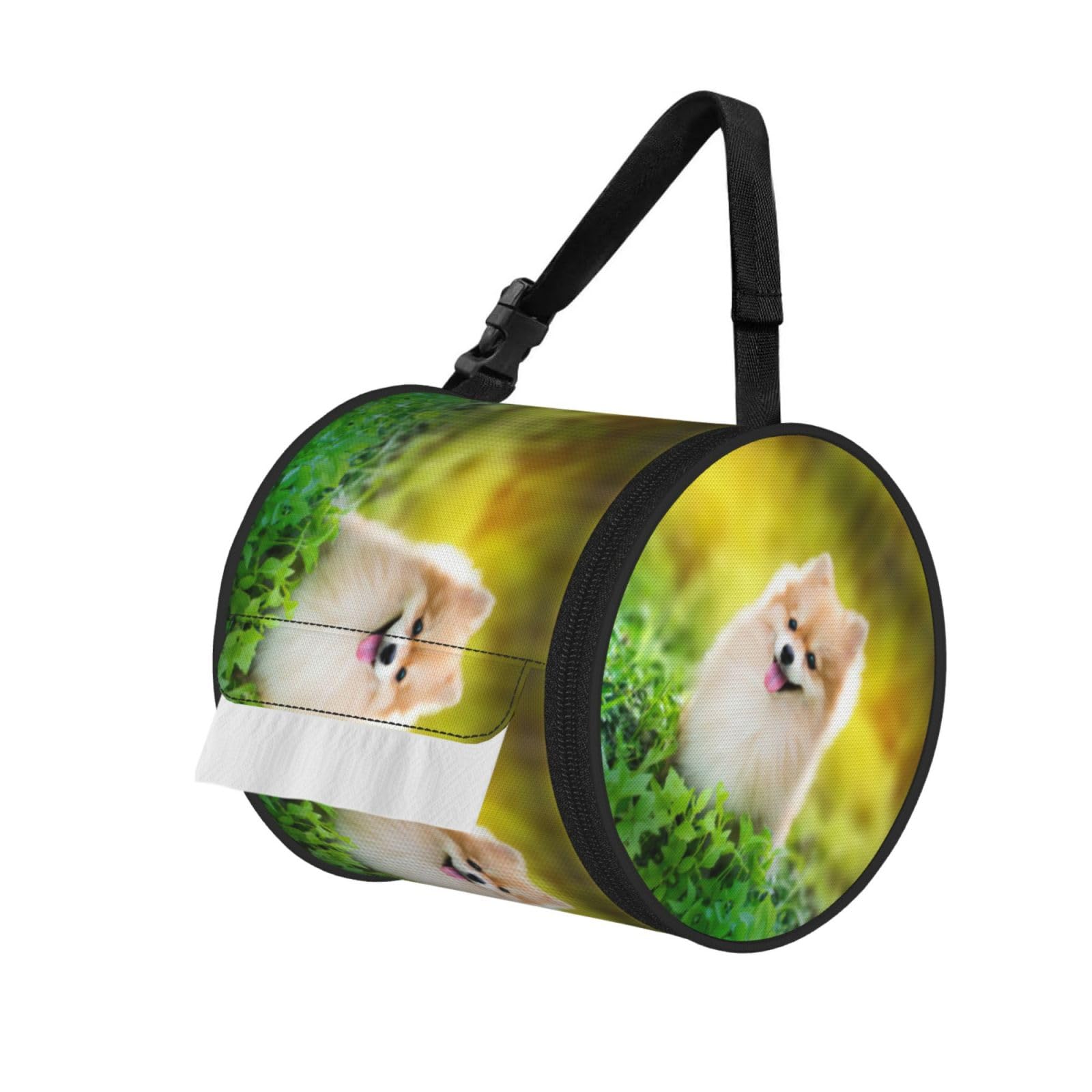 Jiuty Black Cute Puppy Dog In Spring Park Print Cylinder Tissue Organizer Bag With Strap, Portable Toilet Roll Holder For Camping Car