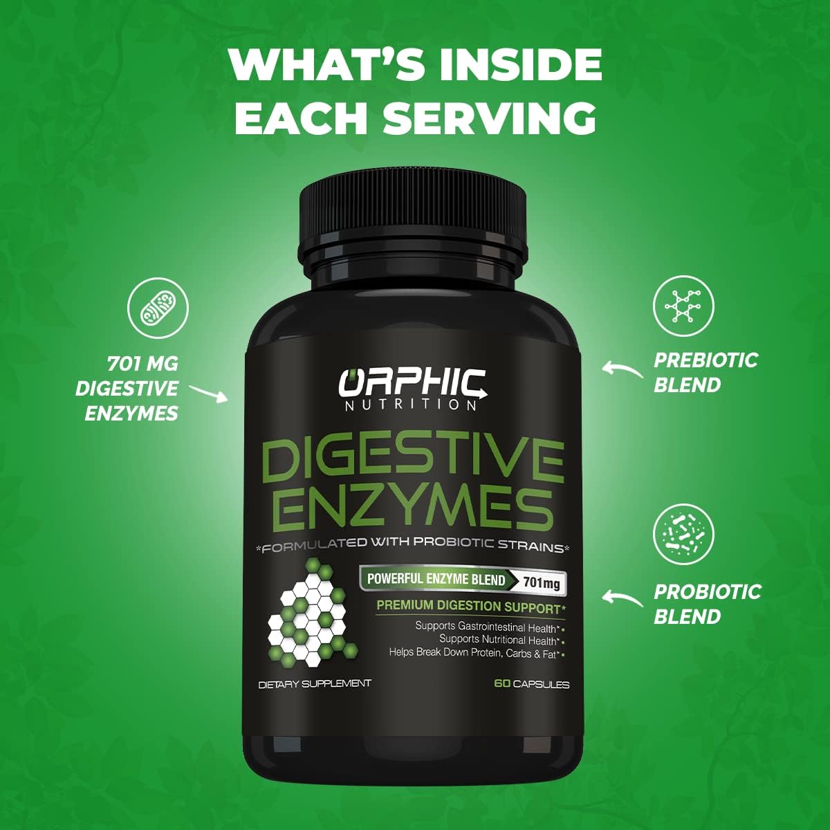 ORPHIC NUTRITION Digestive Enzyme - Supports Stomach Health* - Supports Breakdown of Carbs, Protein, Fat and Nutrient Absorption Rate* - Probiotic Digestion Support Supplement* - 60 Capsules