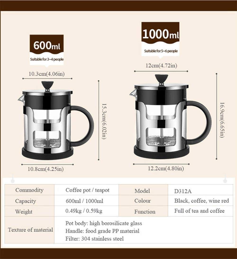 Pote de prensa francesa, conjunto de ollas de café de mano, equipo de vidrio para el hogar y equipo de café, filtración de 4 niveles, borosilicato resistente al calor Café de vidrio prensa ma