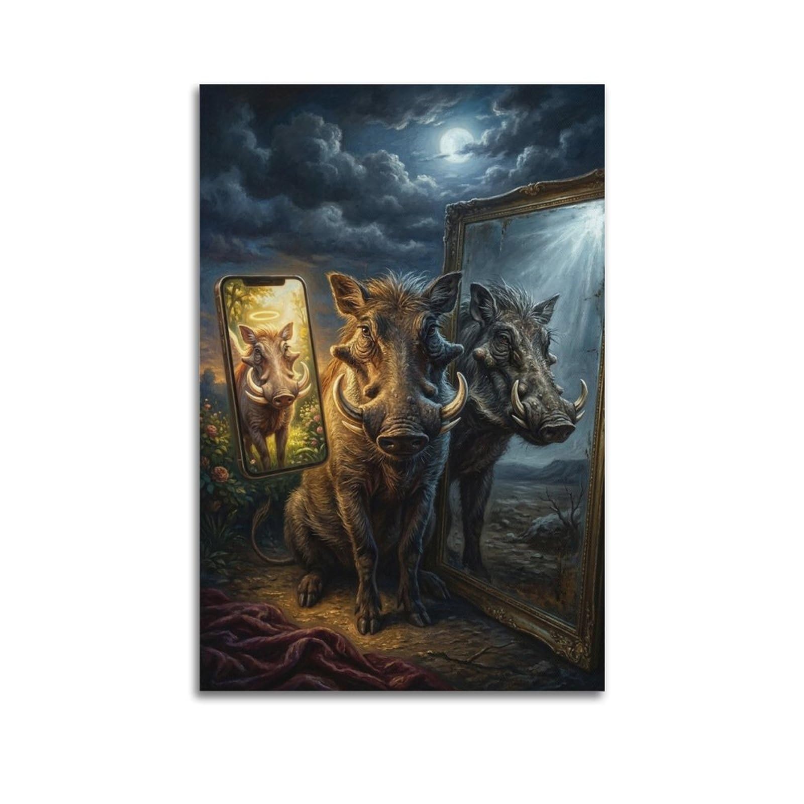 XKUGA Surreal Vintage Animal Poster Donkey Beauty Filter Mirror Satire Modern Decorative Canvas Prints - Ideal Wall Art for Family, Man Cave, Game Room, Boys & Girls Bedroom 24x36inch(60x90cm)