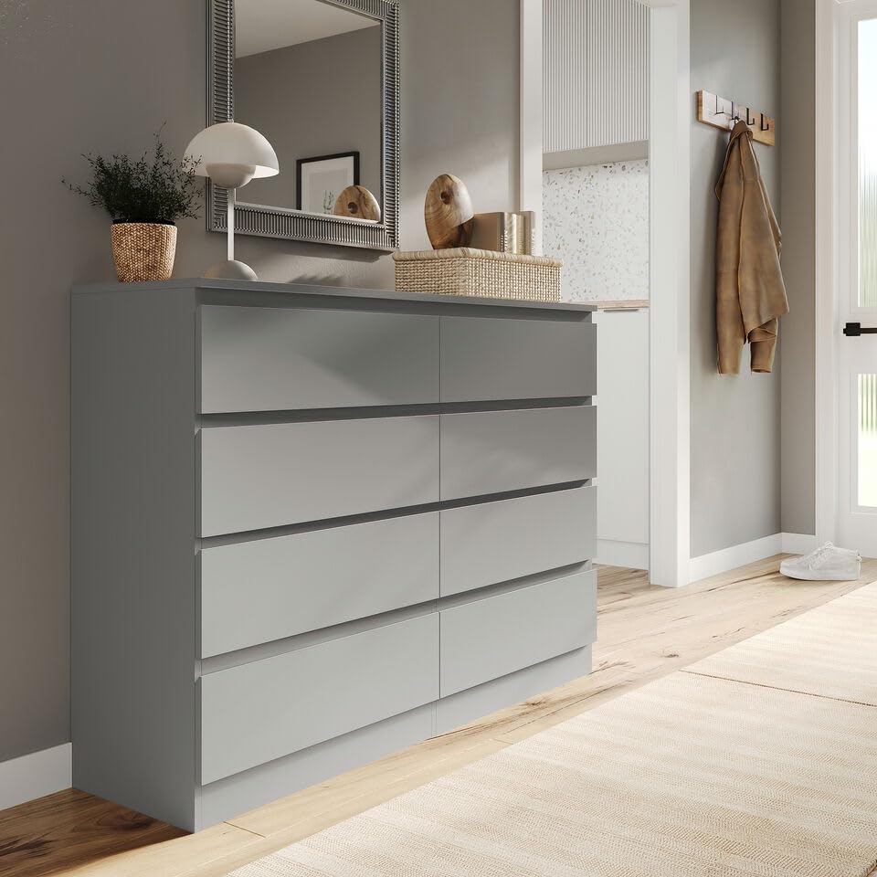 URBNLIVING Modern Grey Wooden Chest with 8 Drawers for Bedroom Office Storage Versatile Bedside Table Stylish Cabinet for Organizing Clothes Accessories Work Place Supplies and Personal Items