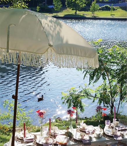 Image of AMMSUN 7ft Patio Umbrella with Fringe Outdoor Tassel Umbrella UPF50+ Premium Steel Pole and Ribs Push Button Tilt, Light Beige